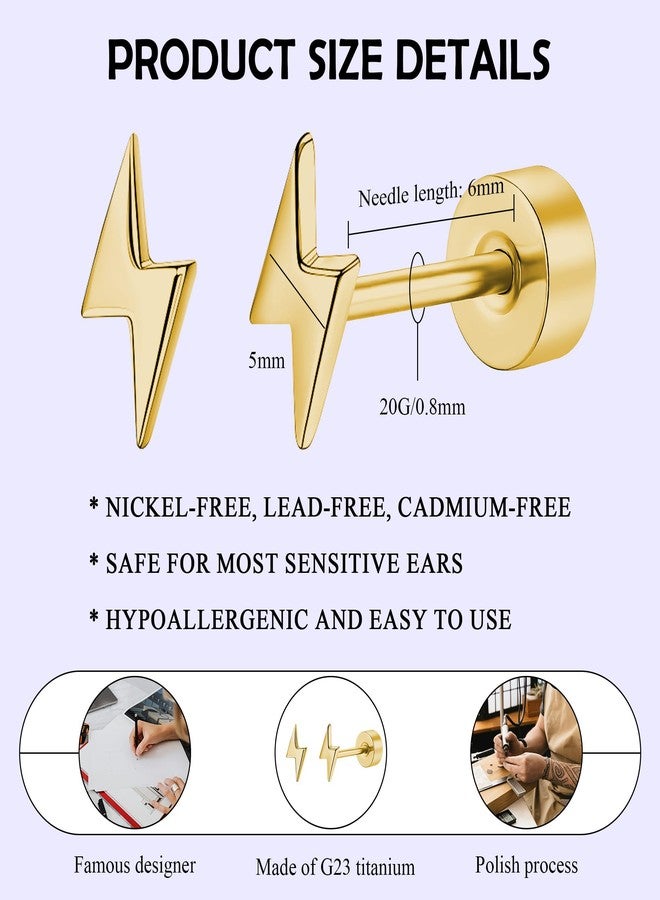 ZDE Titanium Women Flatback Earrings Celestial Lightning Bolt Stud Earrings 5mm Flat Back CZ Earrings Hypoallergenic Cartilage Flatback Earring Tragus Helix Tragus Conch Piercing (Gold) - Image 2